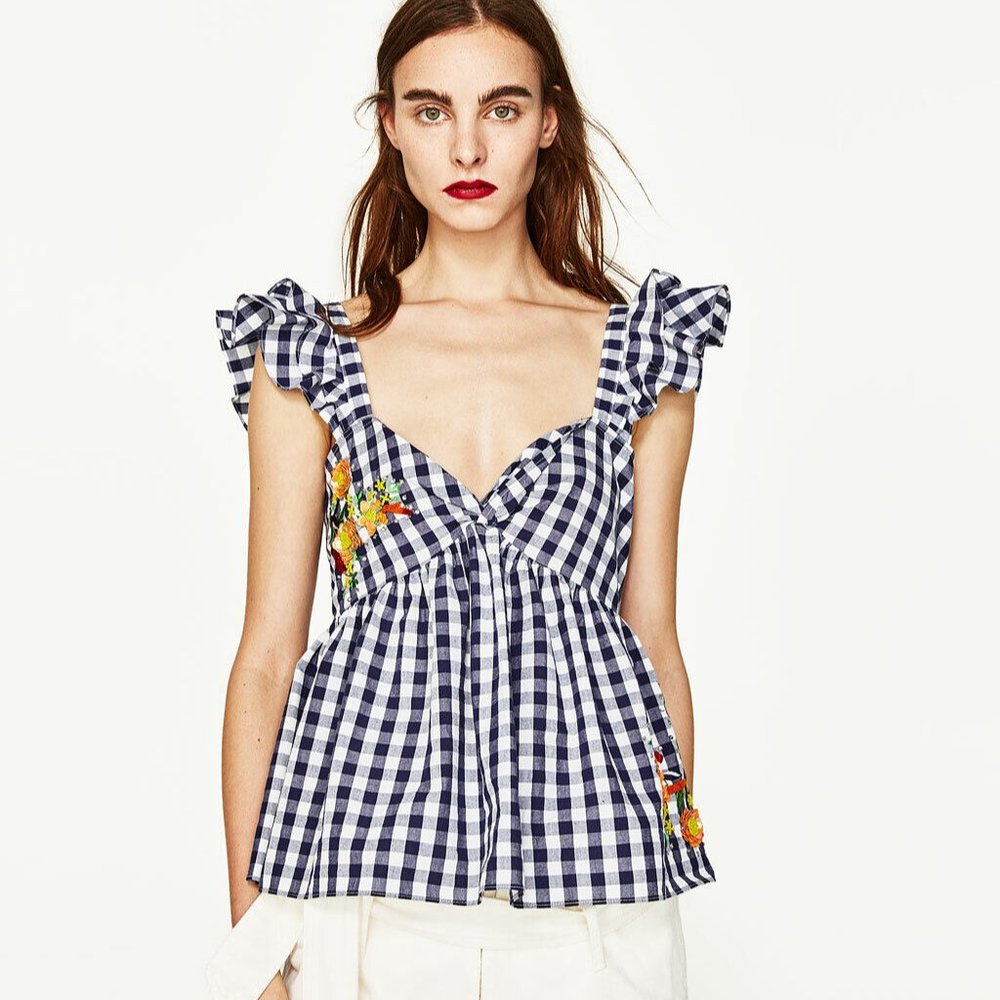 Zara GINGHAM EMBROIDERED TOP Size XS